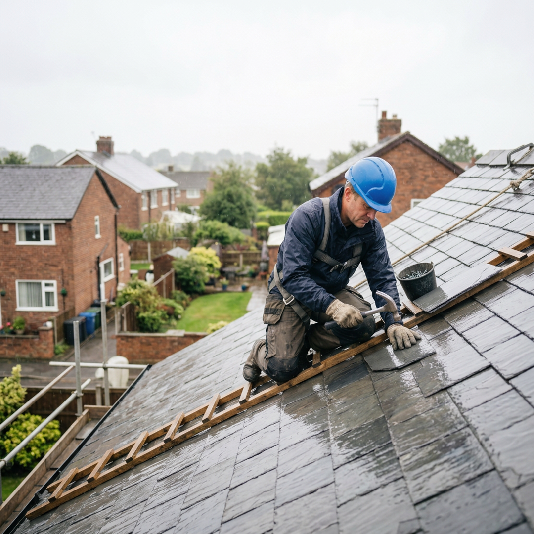 Roofer in wet weather in PPE